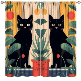 Mid Century Abstract Boho Curtain, Cat Sun Eucalyptus Leaves Black Cat Blackout Window Treatment Modern Minimalist Geometric Curtain for Livingroom Bedroom Kitchen 21" W x 45" L x2【Blackout】