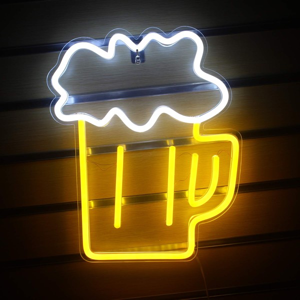 Beer Neon Signs Beer Signs Yellow White Neon Lights Wall Decor for Man Cave Bar Nightclub Beach Store Design Holiday Celebration Party Decor USB Operated(14.2”x12.2”)
