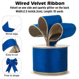 Blue Velvet Wired Ribbon for Christmas Tree, Velvet Ribbon 2.5 inch×10 Yards Wide Blue and Gold Wired Velvet Ribbon for Gift Wrapping, Ornaments, Wreaths, Crafts, Topper Bow, Wedding Decoration
