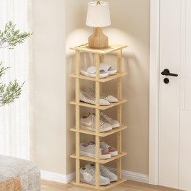 SHIISEWE Bamboo Shoe Rack - Vertical Shoe Rack for Small Spaces, Skinny Shoe Shelf Space Saving Storage, Tall Vertical Narrow Shoe Rack for Front Door Entrance Closet Corner Garage