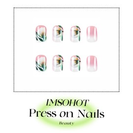 IMSOHOT Flower Press on Nails Short Square Fake Nails White Nude Gradient False Nails with Floral Designs Full Cover Glossy Glue on Nails Spring Squoval Stick on Nails for Women Girls 24Pcs
