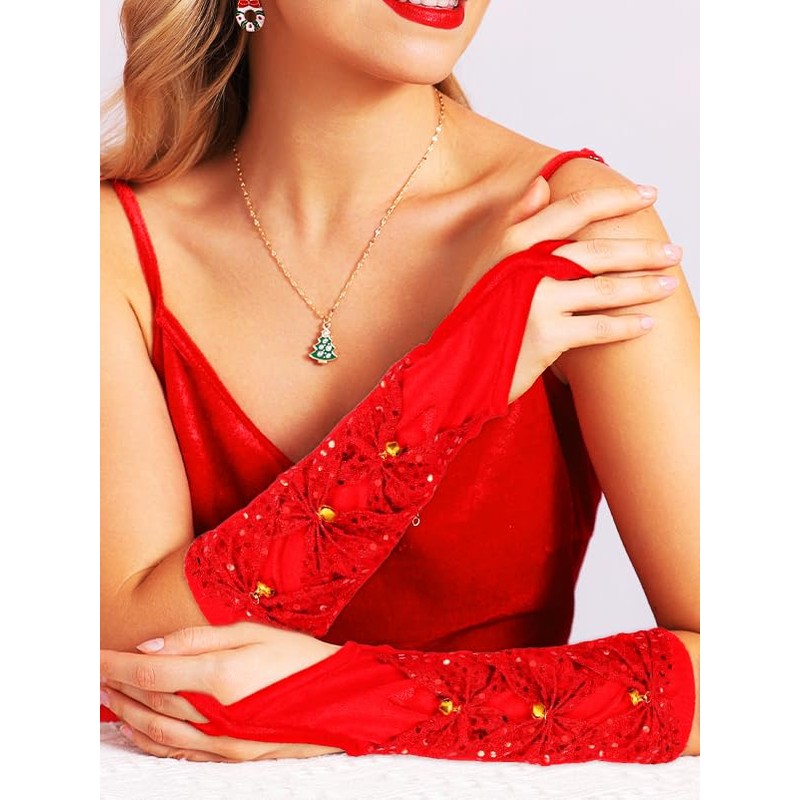 GEMILY Red Christmas Fingerless Gloves Sequin Long Glitter Gloves for