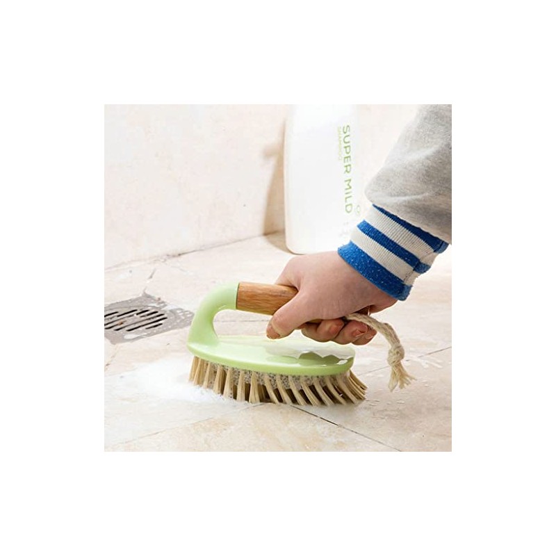 Scrubbing Brush with Bamboo Handle Heavy Duty Stiff Bristles for