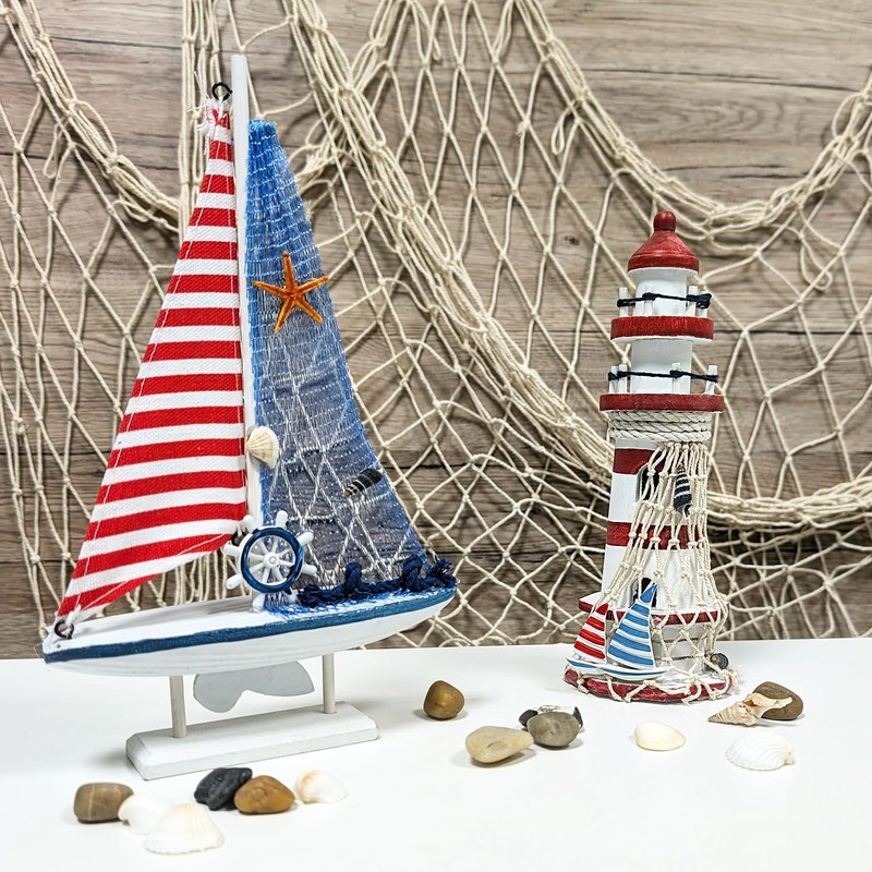 com-four® 2-Piece Maritime Decoration Set - Decorative Wooden Sailing Ship