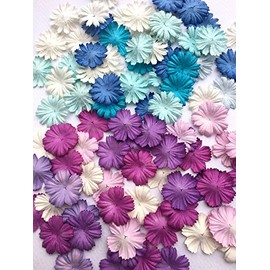 ICRAFY 100 Assorted Daisy Paper Flower Petal Flower Die Cut Flower Shape Make a Fantasy Card, Scrapbooking Photo Book Mixed Blue Purple Tone Blue Purple Tone 100 Pcs. Size 1" (Blue Purple Tone)