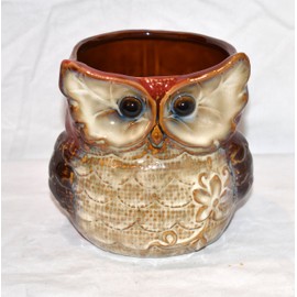 New 5" Chubby Big Eyed Owl Burnt Red & Tan Colored Utensil Holder/Pen Pot/Planter Pot