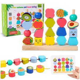 Montessori Toy from 3 4 5 6 Years, Wooden Toy Threading Game Building Blocks Stacking Game Fine Motor Skills Sorting Game Educational Games with Cards Educational Gift for Baby Boys Girls Toys