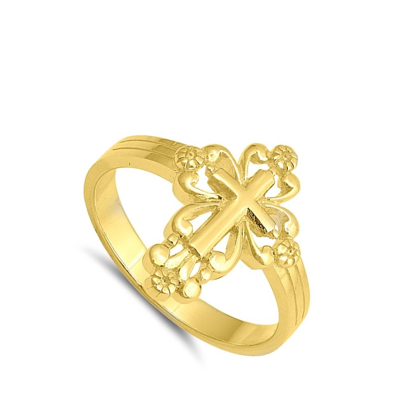 Gold-Tone Victorian Cross Christian Ring New 925 Sterling Silver Band
