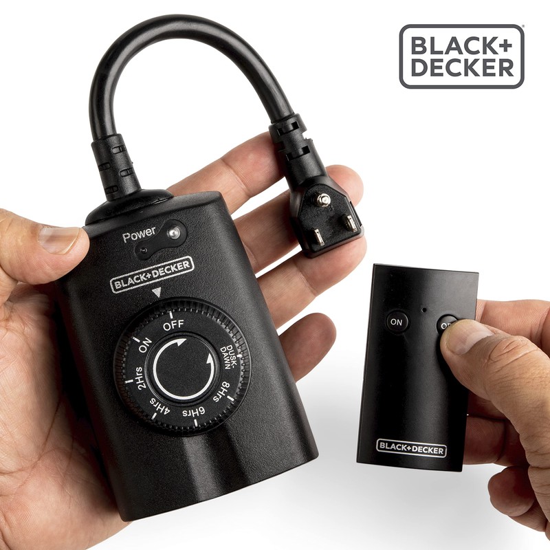 BLACK+DECKER Wireless Outdoor Timer Outlet with Remote, 2 Grounded Outlets,