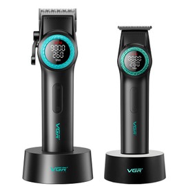 VGR 001 & 977 Professional Hair Clippers for Men, Cordless Barber Clippers and Zero Gap Trimmers Set, DLC Coating Blade Hair Cutting Kit with LED Display, USB Rechargeable Barber Set(Black)