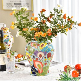 Sungmor Decorative Ceramic Ginger Jar with Lid, Floral Pattern Porcelain Temple Storage Jar, 14" Hand Painted Ceramic Flower Vase for Centerpiece, Blue Glazed Vase for Flower Arrangement, Home Decor