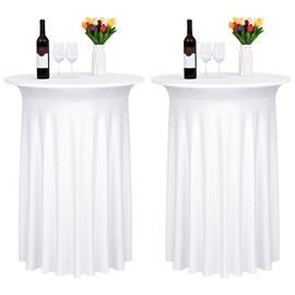 2 Packs Round Cocktail Table Cloth with Wavy Drapes, Spandex Stretch Cocktail Tablecloth, Fitted High Top Table Covers for Wedding Outdoor Parties Patio Bar(32"x 43",White)