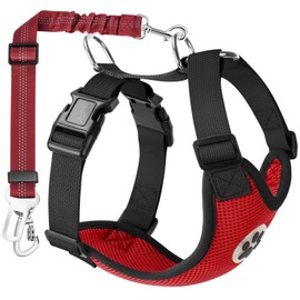SlowTon Dog Harness with Seat Belt for Car, Breathable Dog Harness, Safety Belt with 2 Carabiner Hooks for Attaching to Seat Belt Buckle or Boot (Red, S)