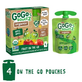 GoGo squeeZ Organic Applesauce, Apple Apple, 3.2 Ounce (4 Pouches), Gluten Free, Vegan Friendly, Unsweetened Applesauce, Recloseable, BPA Free Pouches