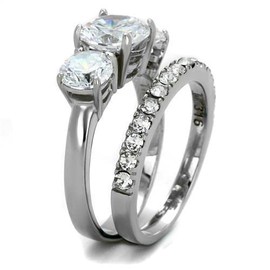 Yourjewellerybox Engagement Ring Set Silver Wedding Band Three Stone CZ Stainless Steel New 2177 Size O