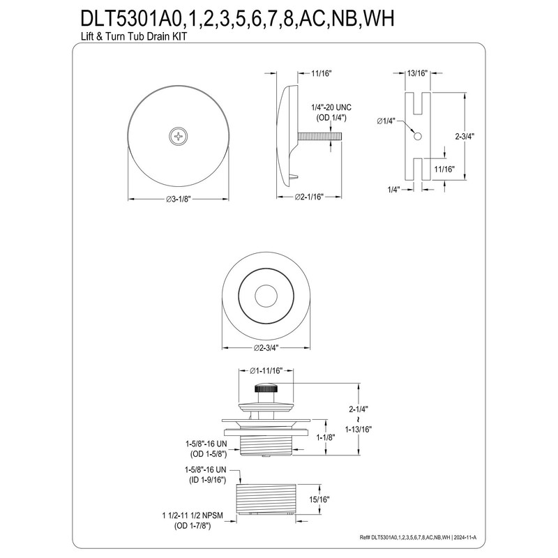 Kingston Brass DLT5301A7 Lift & Turn Tub Drain Kit, Brushed