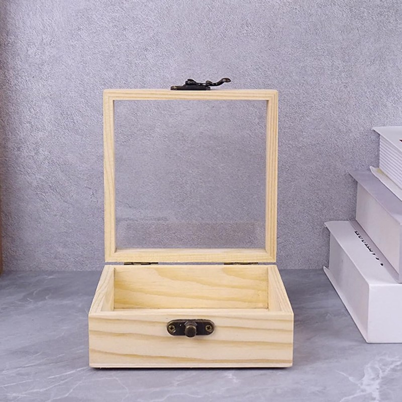 CALFOVERA 4.72×4.72×1.97 Inch Wooden Square Storage Box with Glass Hinge