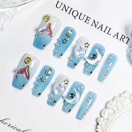 JODSONE Press on Nails Ocean Theme Square Handmade 3D Fake Nail Tips Reuseable Fashionable Design Long Lasting Fit Easy to Create Exquisite Fingertips- Medium