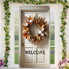 BlissYard Fall Door Cover Banner 35x71 Inch Oversized Welcome Sign with Pumpkin Cotton Wreath Autumn Front Porch Decorations for Thanksgiving Farmhouse Rustic Indoor Outdoor Wall Hanging Decor
