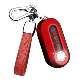 HIBEYO Key Fob Cover for Fiat 500 Linea 3 Button Filping Smart Remote Auto Key Shell with Leather Keychains for Fiat 500 Accessories Soft TPU Key Case-Red