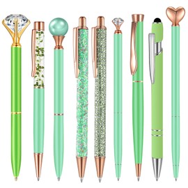 9 Pcs Ballpoint Pens Set Metal Crystal Diamond Pen Glitter Pen for Journaling Black Ink Pretty Cute Pens Fancy Pens Gifts for Women Girls Christmas Birthday School Office Desk (Green)