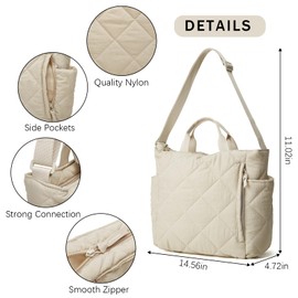 Puffer Tote Bag Women Quilted Crossbody Handbag Lattice Padded Puffy Purse Casual Satchel Bag, Beige, Medium, Casual