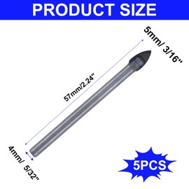S SYDIEN 5pcs Triangle Head Tile Drill Bit 3/16 Inch(5mm) Tip Diameter 64m Length 5/32" Shank Glass Tiles Tip for Drilling Glass, Tile & Ceramic