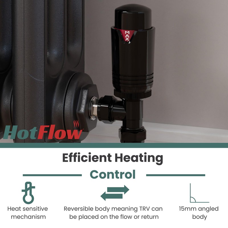 Hot Flow Full Black Estuary Angled TRV Thermostatic Radiator Valve
