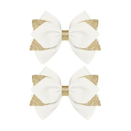 Koolgil 4-inch Glitter Hair Bow Clips Girls Sparkly Ribbon Bow Cheer Barrettes Alligator Hairpins for Baby Girls, Toddler, Kids and Teens Accessories Gift Set of 2 (White)