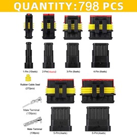Amliber 798Pcs 50 Sets Waterproof Automotive Wire Connectors with Ratcheting Wire Crimper, 1/2/3/4/5/6 Pin Automotive Electrical Connectors with Wire Crimping Tool Kit