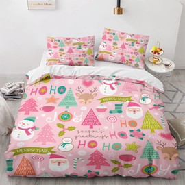 Pink Christmas Duvet Cover Twin Size Set - Kids Girls Christmas Bedding Bedroom Decor, Comforter Cover & 1 Pillowcase 2 Pieces - Cartoon Santa Theme, New Year, Lovely Home Collection Quilt Cover