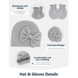 ZURLEFY Baby Girl Hats and Mittens Set for 0-6 Months, Newborn Hospital Hats with Bow for Infant Baby No Scratch Cotton Mittens Set(31G-18)