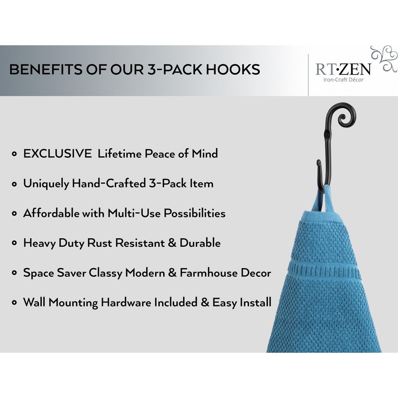 RTZEN Wall Mount Hook Set - Wrought Iron Decorative Rustic