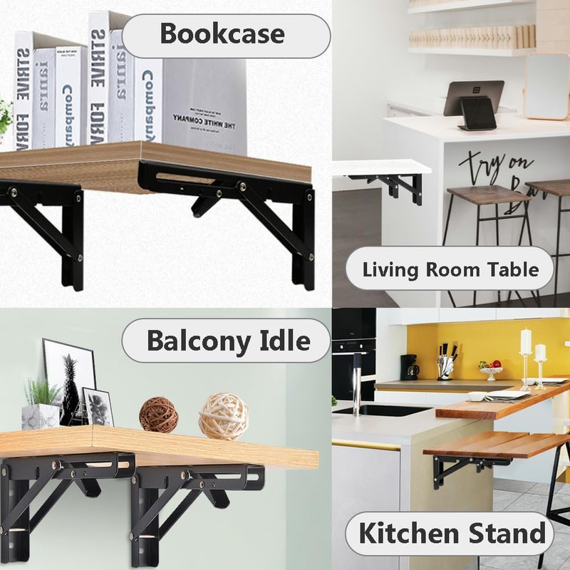 Hocansen 2Pcs Metal Foldable Brackets L Shelf Collapsible Brackets Black