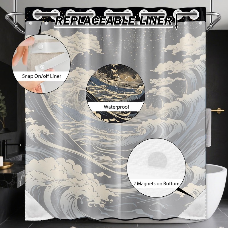 DLTAY Anime Hookless Shower Curtain, Japanese Great Waves, 71" W