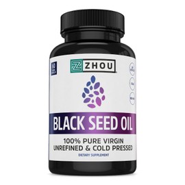 ZHOU Zhou Nutrition Black Seed Oil Capsules, 100% Virgin, Cold Pressed Source of Omega 3 6 9, Super Antioxidant for Immune Support, Joints, Digestion, Hair & Skin, 60 Caps