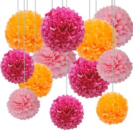 12pcs Rose Red,Light Pink and Orange Tissue Paper Pompoms,Hanging Paper Pom Poms for Pink Orange Party Decoration