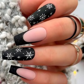 MISUD Press on Nails - Long Coffin Fake Nails with Black French Tip, Acrylic Snowflake Design 24 pcs