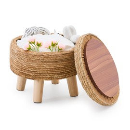 Cpintltr Storage Ottoman Poufs Handwoven Footstool Natural Seagrass Round Footrest Stool with 4 Wood Legs Soft Padded Outdoor Seat for Hallway Lounge Bedroom Garden