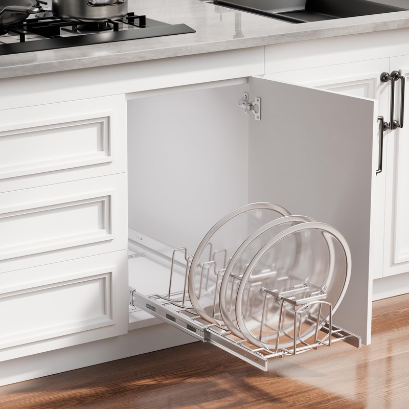 STORKING Slide Out Pot Lid Organizer Under Cabinet, Wire Dividers