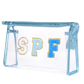 Hmxpls Clear Preppy Patch Makeup Bag, SPF Chenille Letter Bag for Beach, Clear Pouch with Zipper, Preppy Travel Bags Clear Cosmetic Toiletry Bag for Women Girls Teens (Blue)