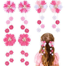 OAOLEER 6PCS Hair Bows for Girls, Pink Flower Hair Accessories for Girls Grosgrain Ribbon Bows With Alligator Clips Girl Hair Accessories for Kids Teen Back to School (Flower Bows-Pink)