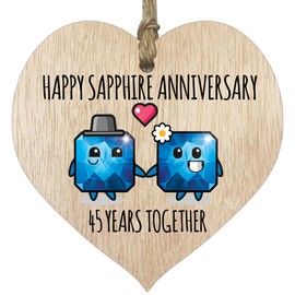45th Wedding Anniversary Plaque Gift for Husband Wife - 45 Years Together - Happy Sapphire Anniversary Wooden Heart for Women Men Partner, Light Wood Sign Keepsake Gifts