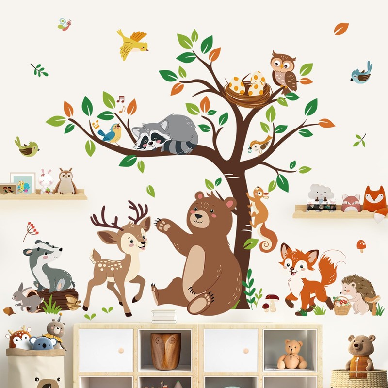 decalmile Wall Sticker Forest Animals Tree Wall Sticker Bear Deer