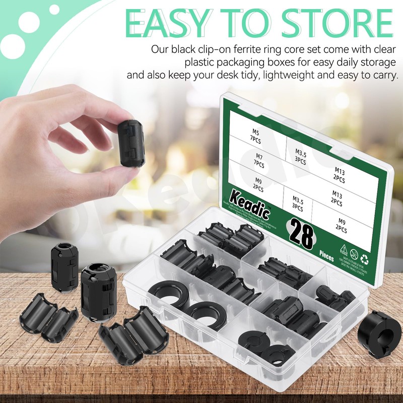 Keadic 32Pcs Clip-on Ferrite Ring Core RFI EMI Noise Suppressor