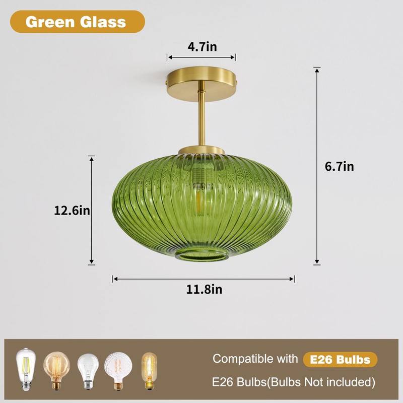 Feasey Green Semi Flush Mount Ceiling Light,Glass Ceiling Light Fixture