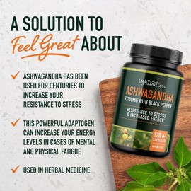 Ashwagandha Supplement 1300mg | High Strength Resistance to Stress & Increase Energy | Organic Ashwagandha Powder Capsules with Black Pepper for Increased Absorption | 120 Count 2-Month Supply