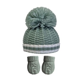Royal Icon Baby Knitted Pom Pom Hat With Mittens Baby Boys Girls Winter Hat Mittens Set Cable Knit Single Pom Pom Bubble Hat Colours Available NB-12 Months RI6512 (Sage Green Ri648)