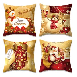 WSZBDY Christmas Pillow Cover 18x18 Inch Merry Christmas Gold Red Decorative Throw Pillows Cover Soft Velvet Short Plush Christmas Decorations Set of 4 for Farmhouse Home Decor