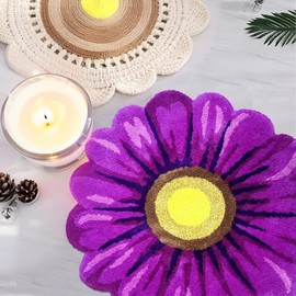 Lacomfy Floral Bath Mat Rug Daisy Flower Farmhouse Bathroom Bedroom Carpet Shaggy Plush Area Rug for Toilet Shower Room Kitchen, Round, Washable, Thick, Nonslip, 25.6in, Purple